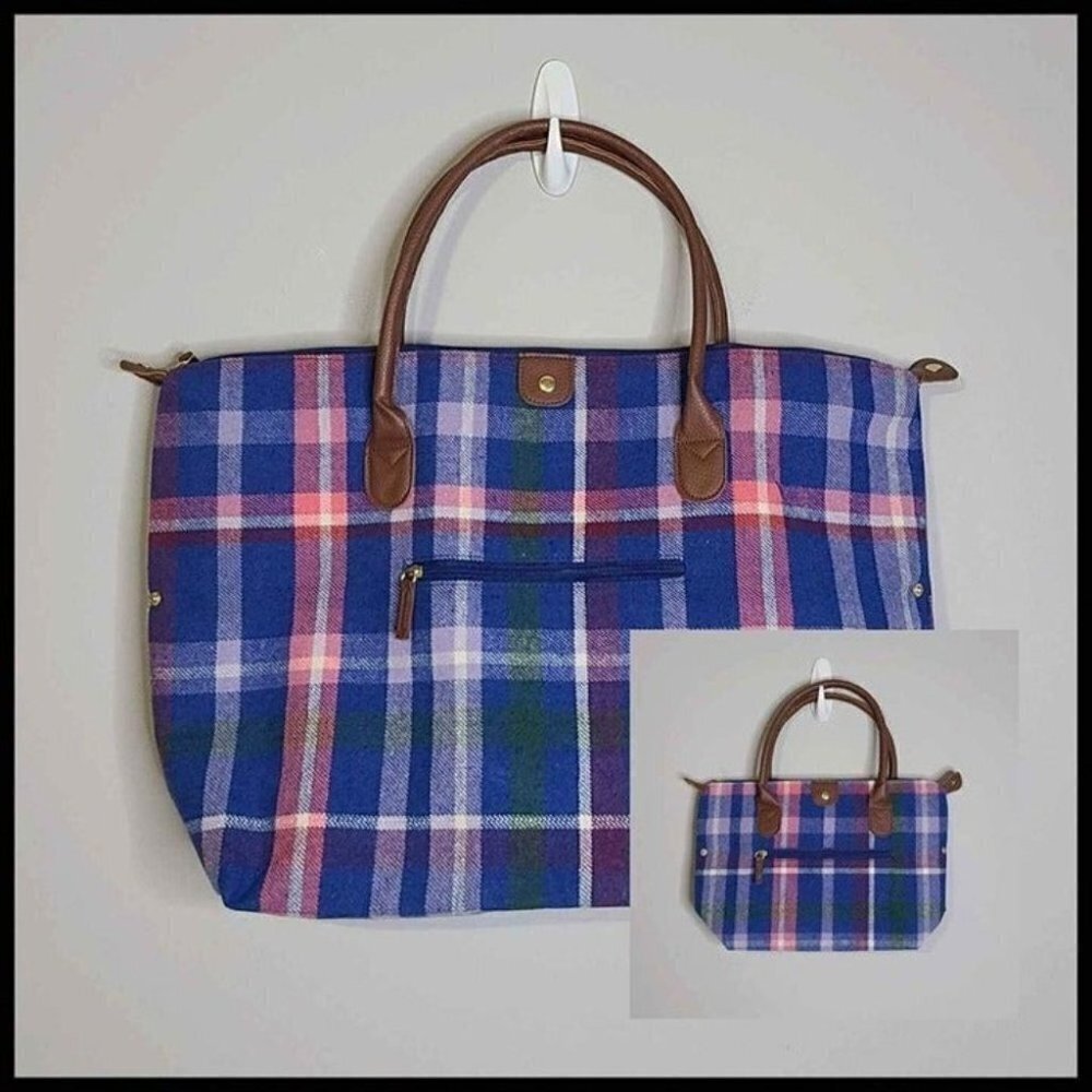 Woman Within 2-Piece Plaid Blue Pink Flannel Tote Set